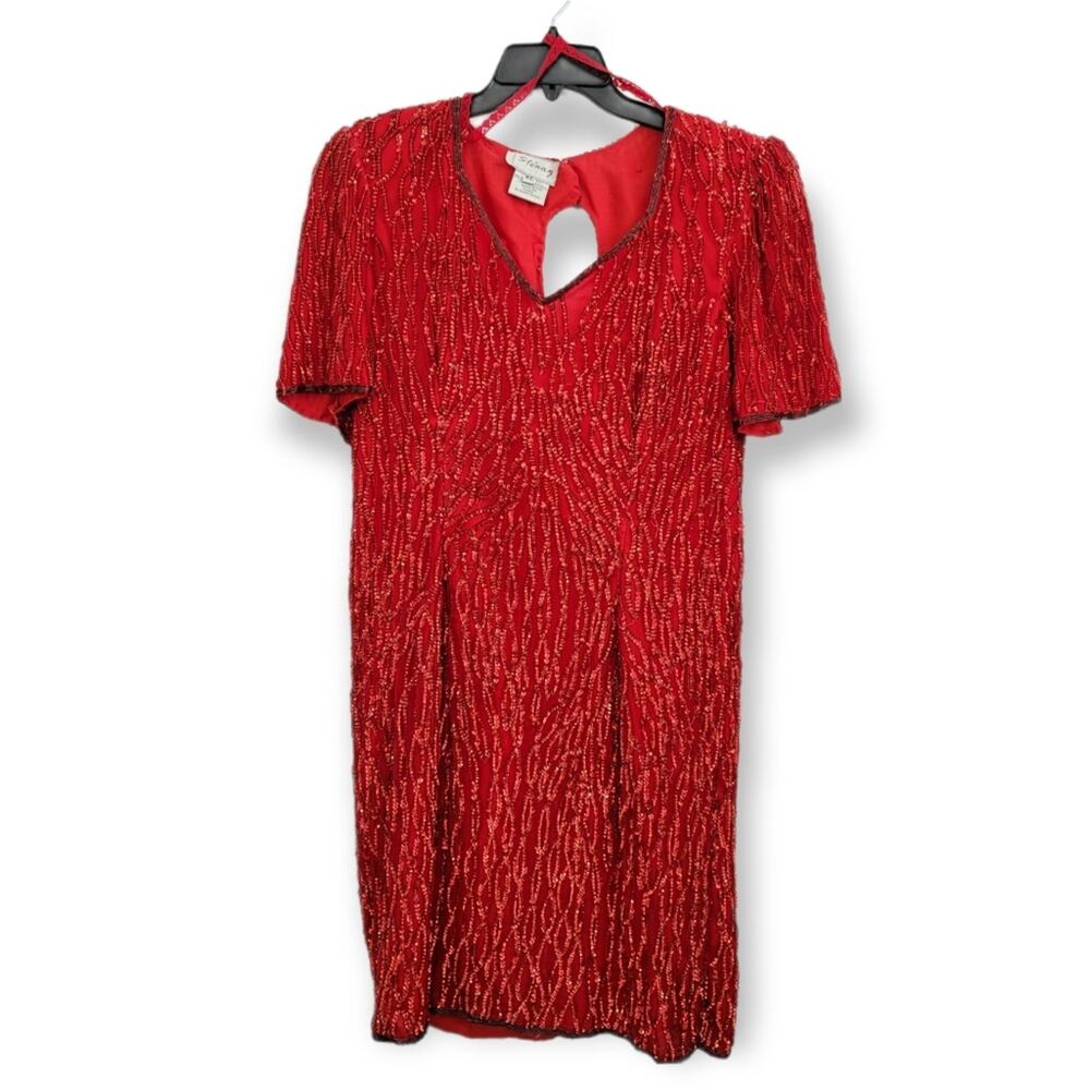 Vintage Sténay Red Beaded Open Back Midi Short Silk Shell Dress Size XL